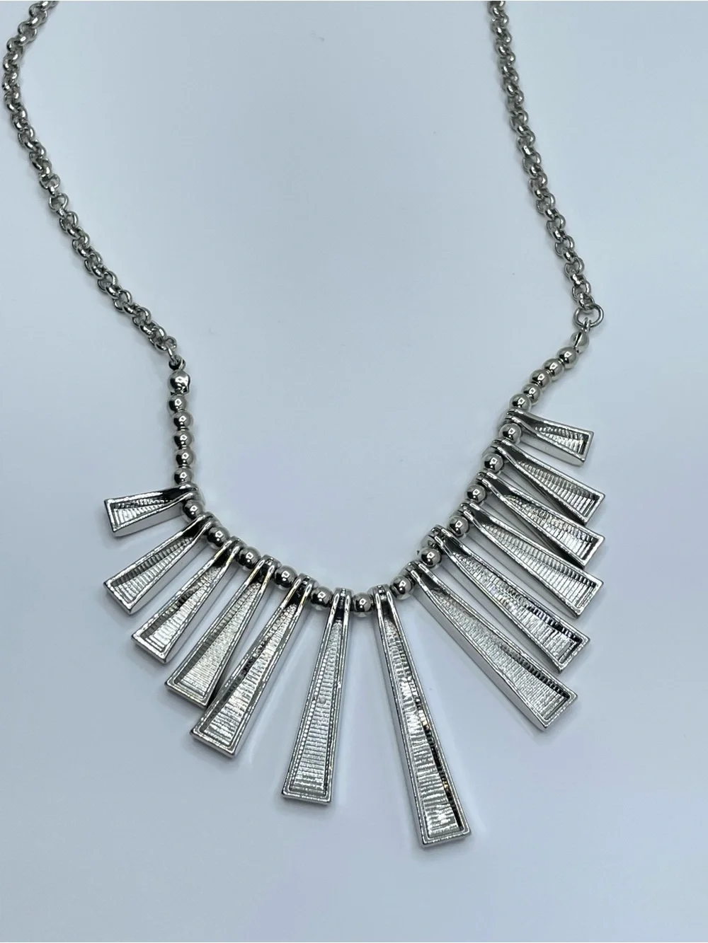 Silver Tone Fringe Bar Statement Necklace Textured Modern Bib